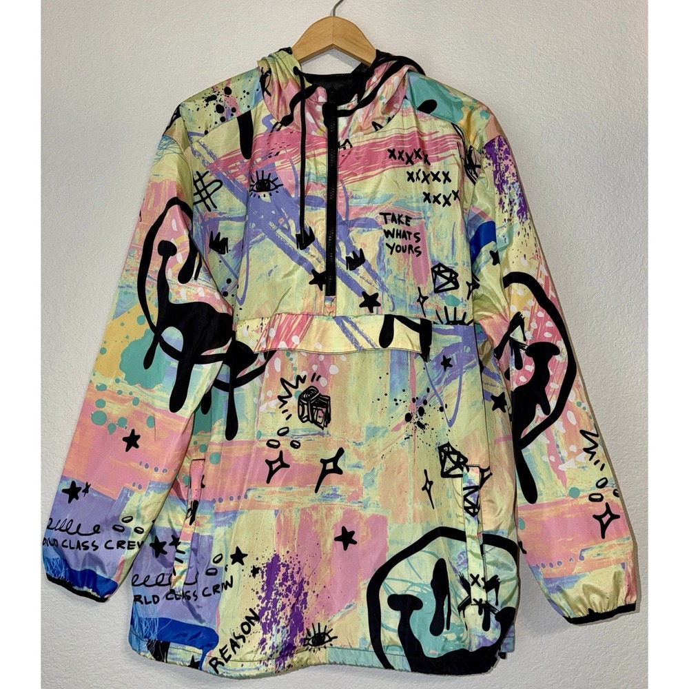 Reason Graffiti Print Hooded Windbreaker Jacket Mens XL Streetwear Anorak